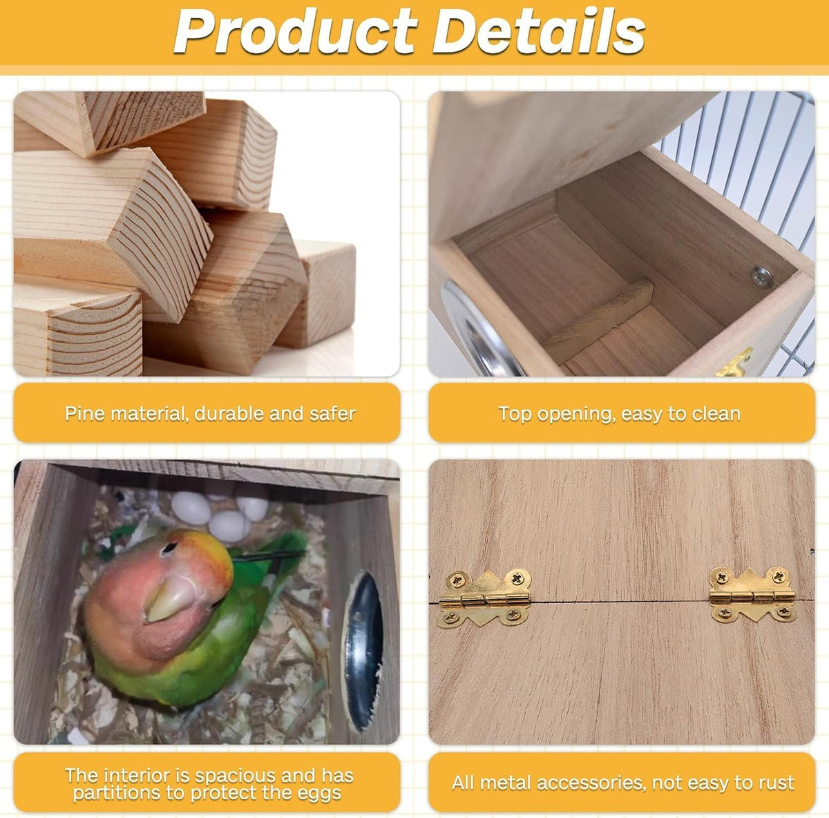 PINVNBY Parakeet Nesting Box Bird House for Cage Wood Mating Box Bird - Wood,M: 7.9*4.7*4.7 inch - image 3