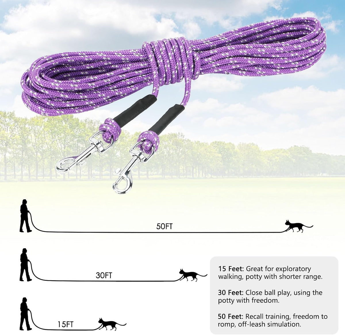 Reflective Cat Long Leash 15 FT - 15 FT / Purple - image 2