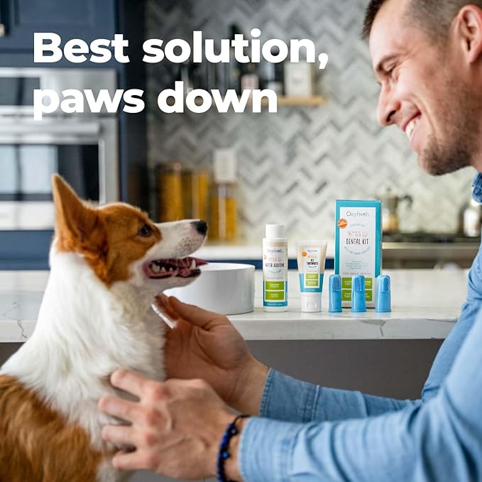 Oxyfresh Premium Pet Dental Kit for Dogs & Cats – Easy Solution for Fresh Breath, Clean Teeth, Control Plaque & Tartar – Vet Formulated Pet Toothpaste 1oz + Water Additive 3oz + 3 LG Brushes Kit