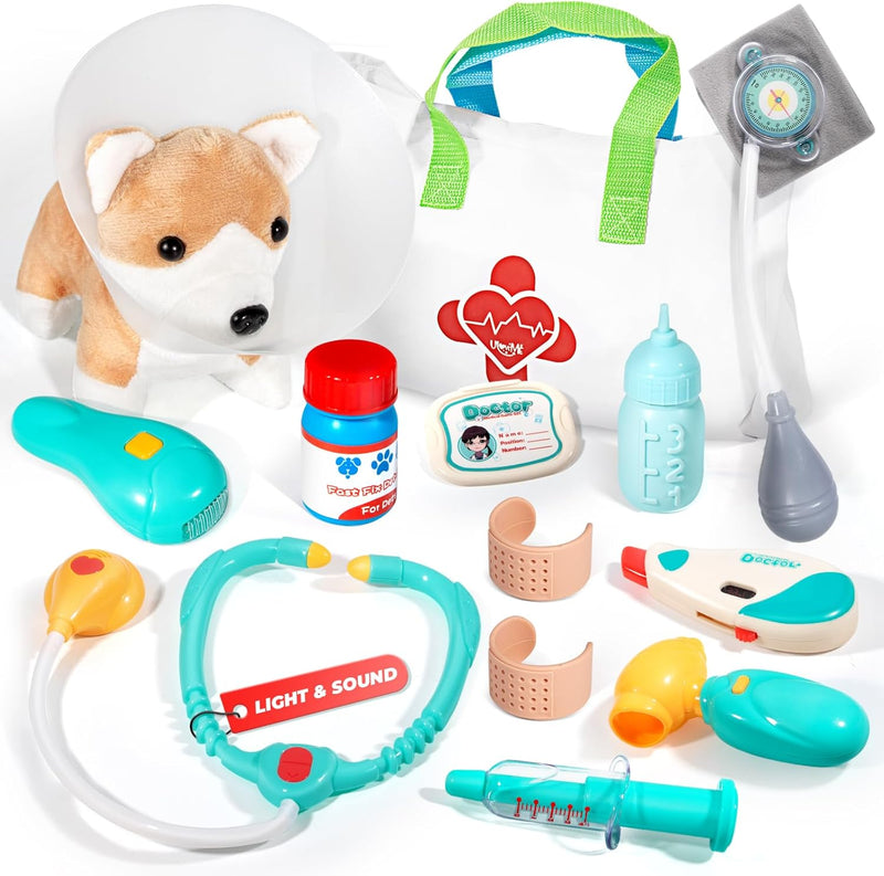ULOVEME doctor kit for kids with light and sound tools and a fuchsia carry bag