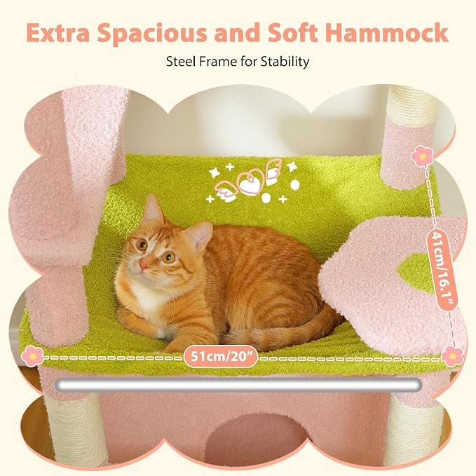 PAWZ Road Flower Cat Tree, 72 Inches Large Cat Tower with Steel Frame Hammock and 7 Scratching Posts, Tall Cat Tree with 2 Condos and Perches for Large Indoor Cats - Pink