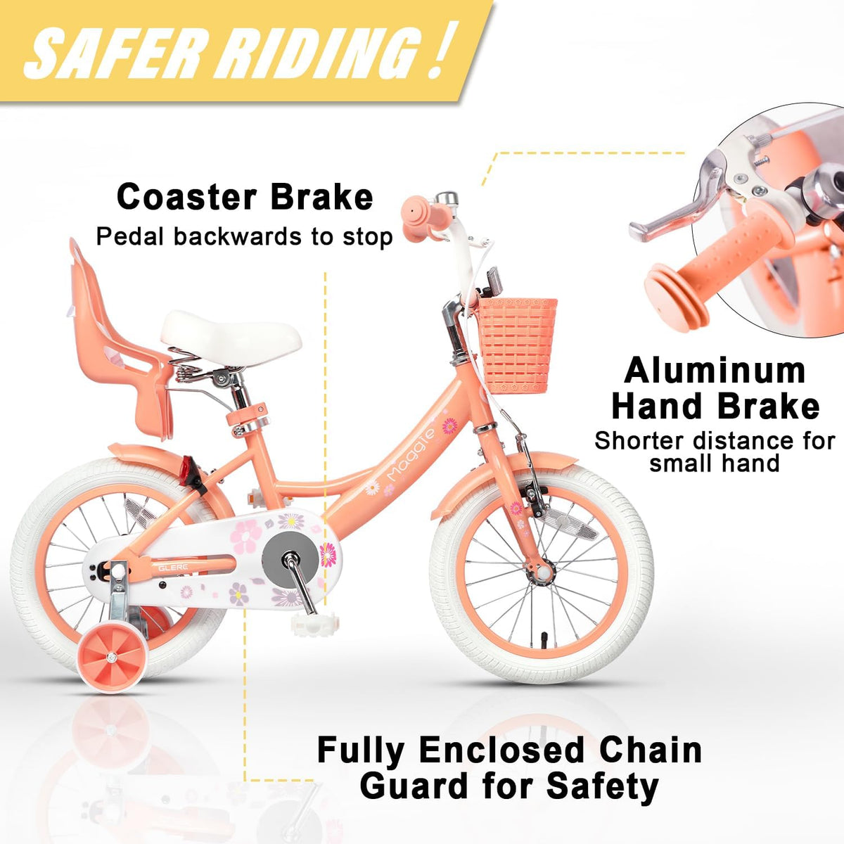 Glerc Maggie Girls Bike, 12-20 Inch Kids Bike for 2-13 Years Old Children, Princess Style Kids - Peach / 14 Inch - image 3