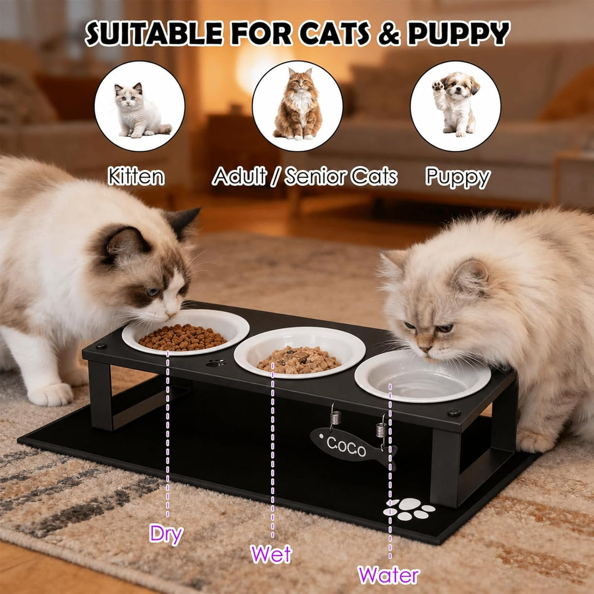 Elevated Cat Bowls with Splash Proof Mat for Kitten Puppy - White / 3bowls - image 3