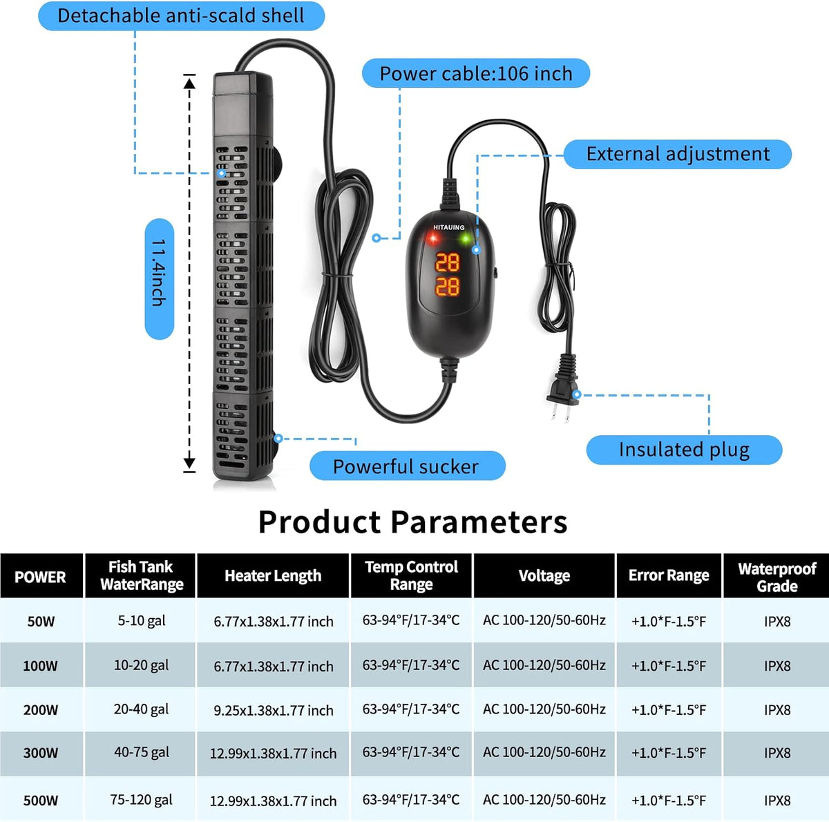 HiTauing Aquarium Heater, 50W/100W/200W/300W/500W Submersible Fish Tank Heater - 300W (Pack of 2) - image 2