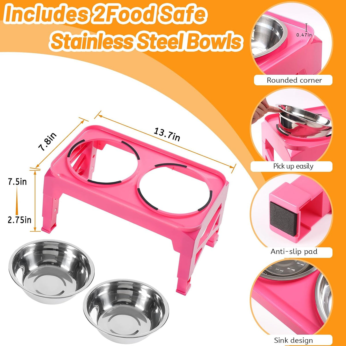 Hubulk Elevated Dog Bowls with 2 Stainless Steel Dog Food & Water - S (6" for Small Dogs) / Pink - image 3