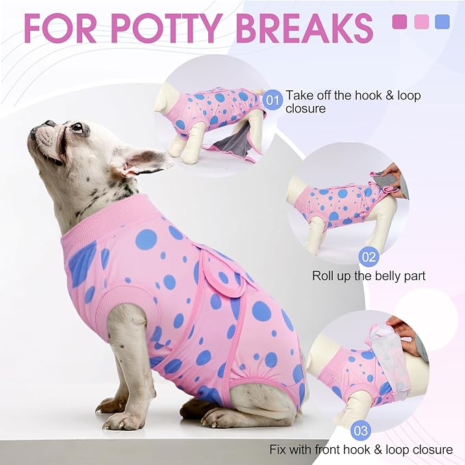 Kuoser Dog Surgery Recovery Suit, Anti Licking Pet Surgical Suit for Dogs Male Neuter, Female Dog Surgery Suit for Spay Subsititute E-Collar Cone, Dogs Body Suits After Surgery Pink Polka Dot M