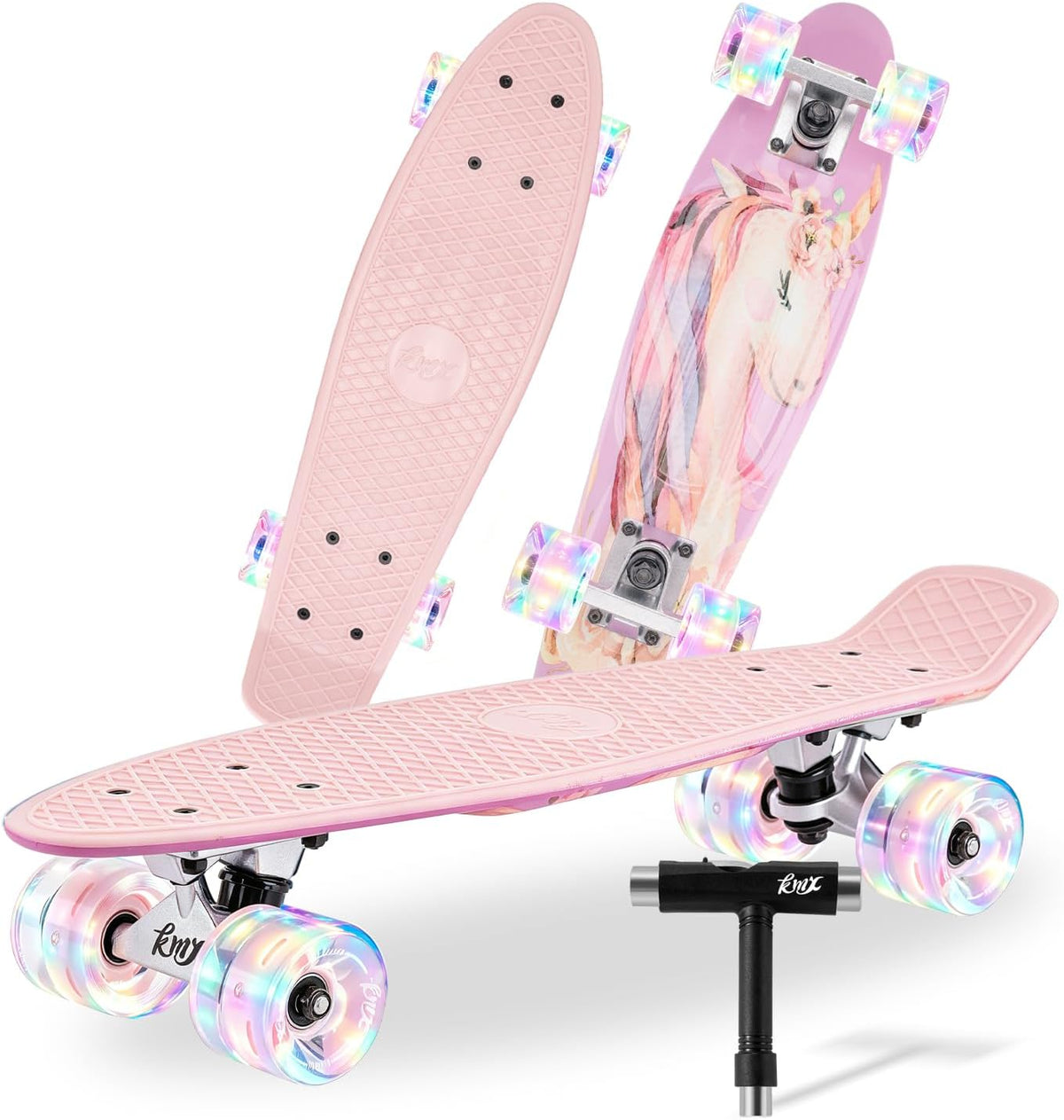 KMX Classic Retro Mini Cruiser Skateboard 22" & 27" for Boys Girls - Pink Unicorn LED / 22" - image 2
