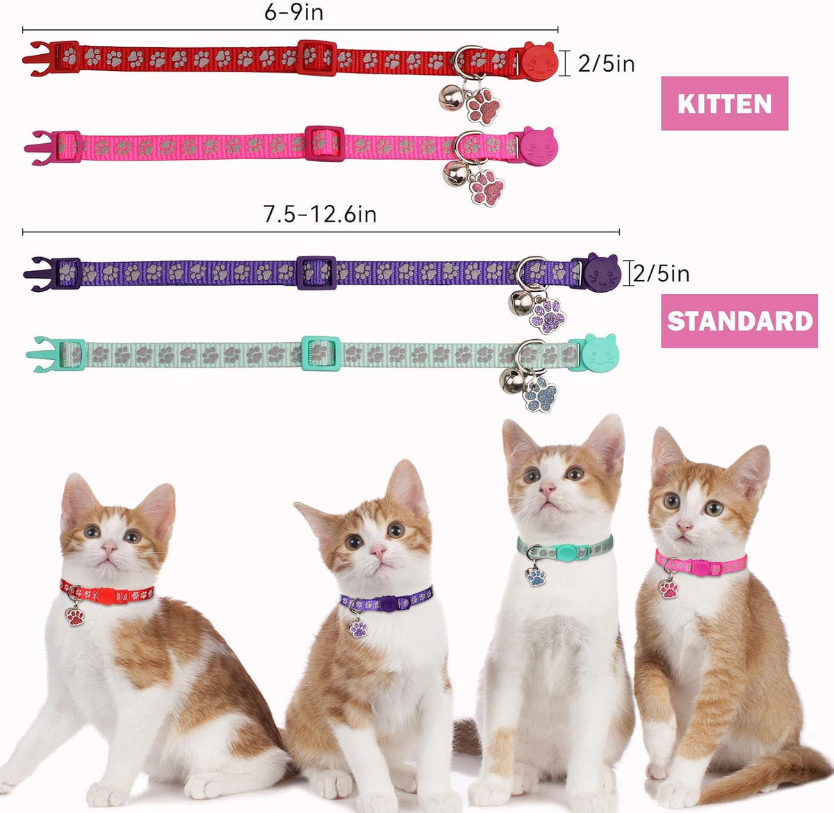 4PCS Breakaway Cat Collars, Reflective Cat Collar with Bells - 6-9 Inch / Purple+Hotpink+Red+Teal - image 2