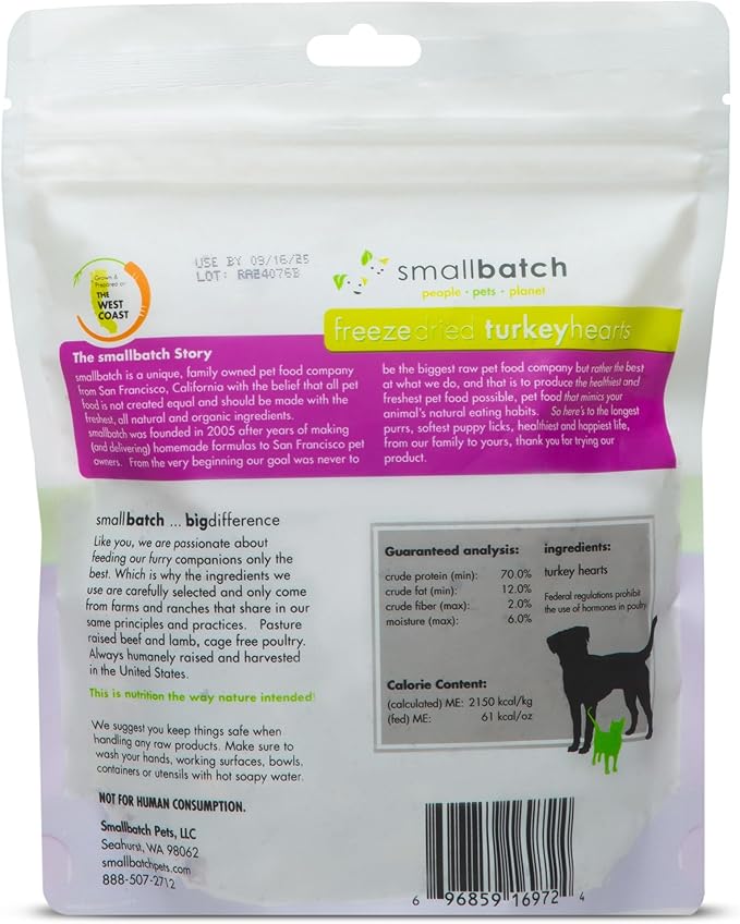 smallbatch Pets Premium Freeze-Dried Turkey Heart Treats for Dogs and Cats, 3.5 oz, Made and Sourced in The USA, Single Ingredient, Humanely Raise Meat, No Preservatives or Anything Artificial Ever