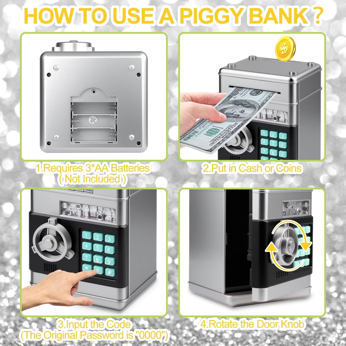 Piggy Bank for Kids Girls Boys with Password Code Lock Cash Coin Can - Silver - image 4