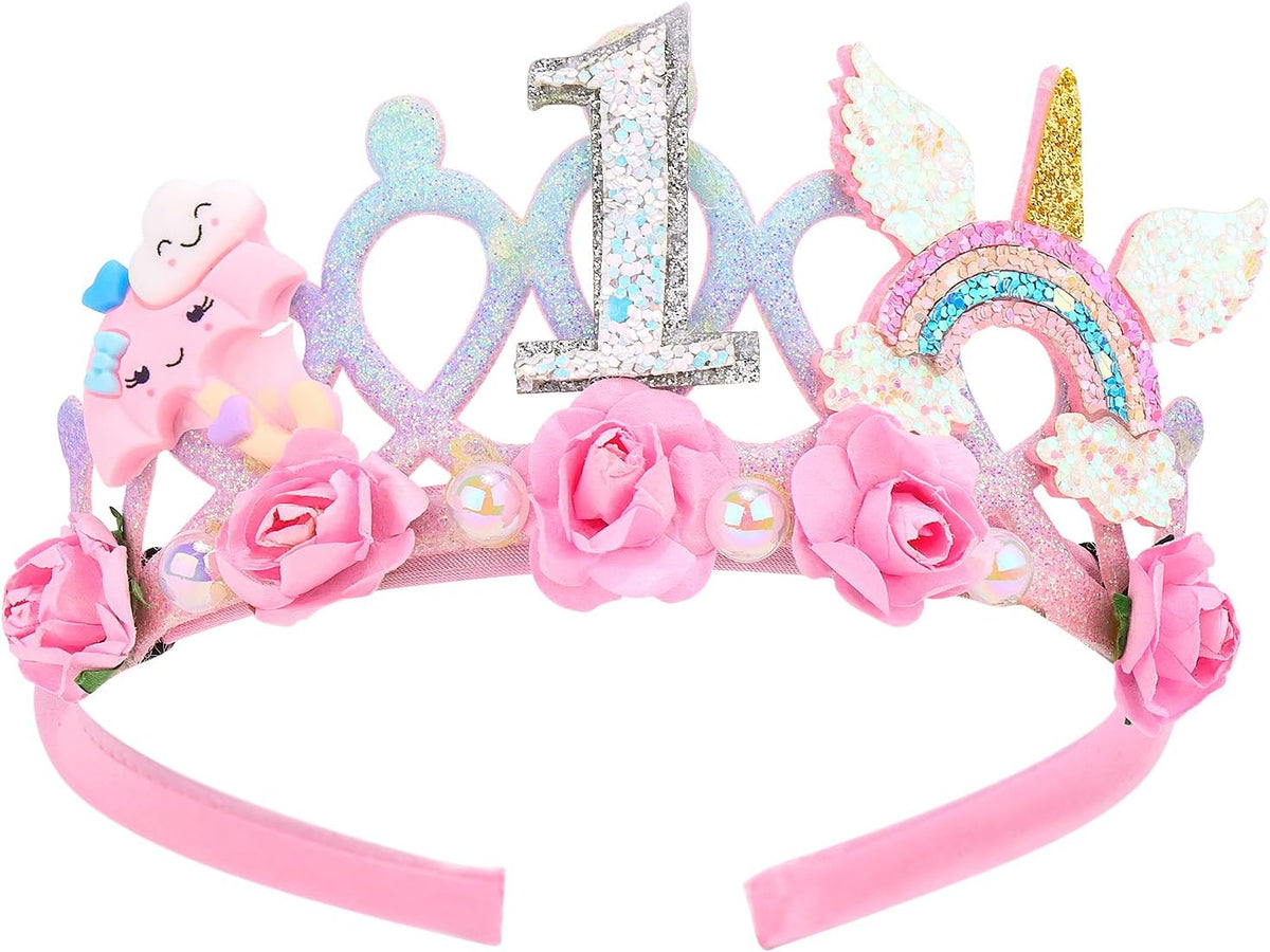 SuPoo 4th Birthday Headband Flower Crown for Girls Princess Tiara 4th - Pink-1st