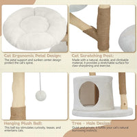 Modern Cat Tree Tower, Solid Wood Multi-Level w/ 2 Flower Perches, Scratching Post, Hanging Ball - Luxury Boho Cat Furniture w/Condo & Wicker Basket for Indoor Cats