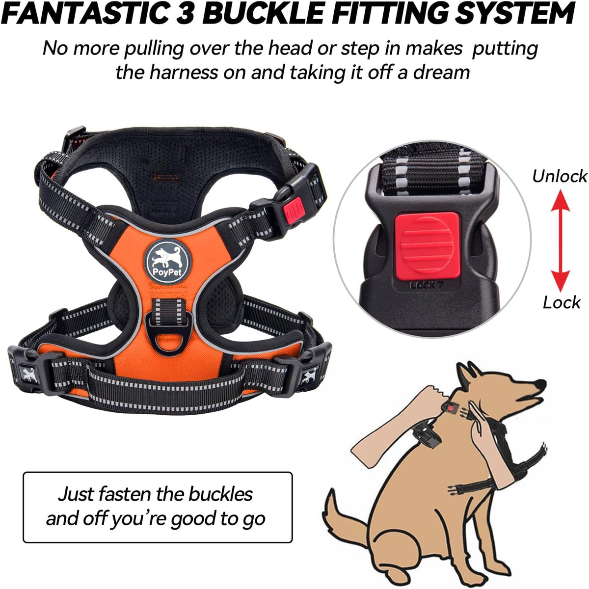 PoyPet No Pull Dog Harness Medium with Front Clip & Neck Release - XS / Orange - image 2