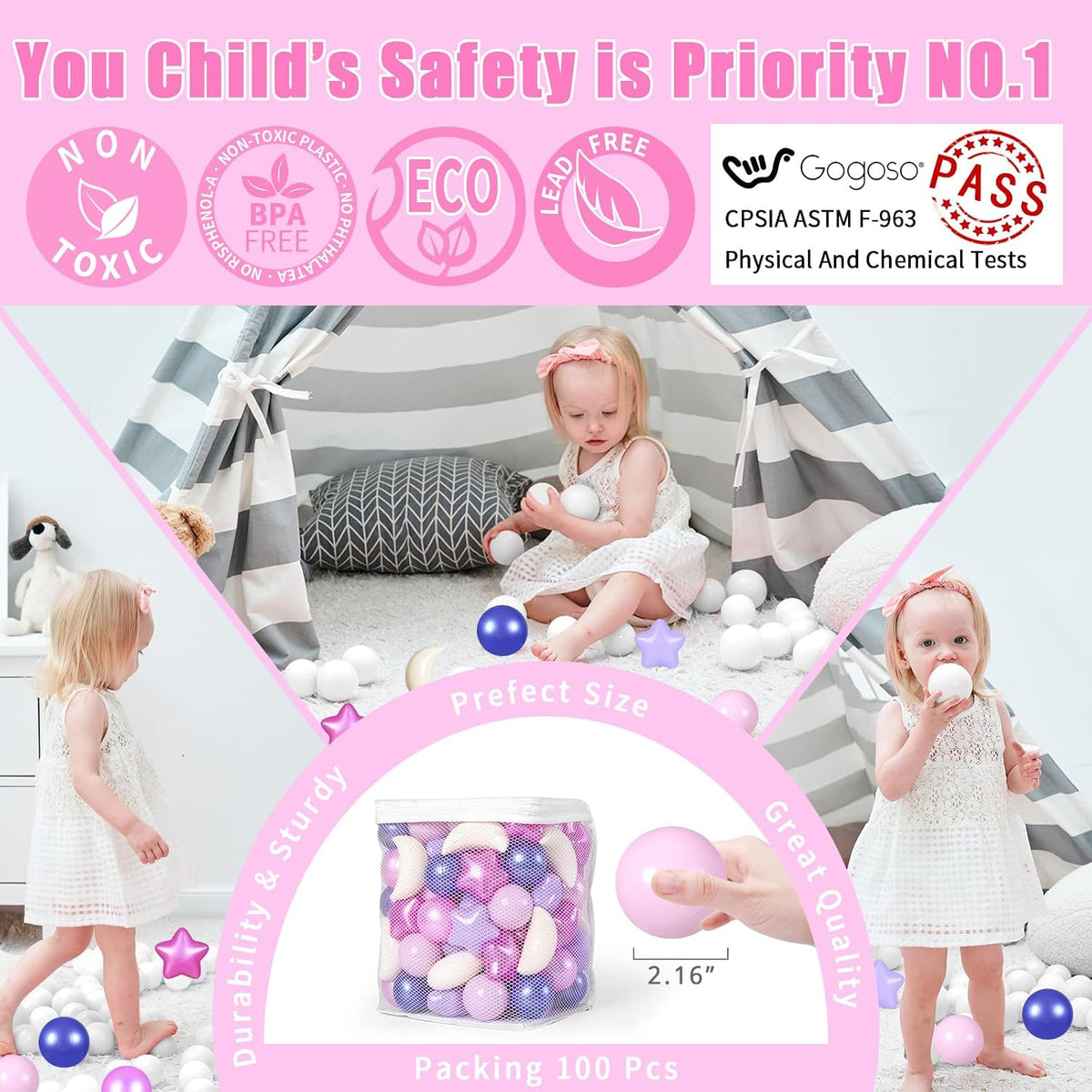 GOGOSO Ball Pit Balls Stars Moon Shapes Plastic Pitballs for Child - 100 balls / Pink Purple - image 2