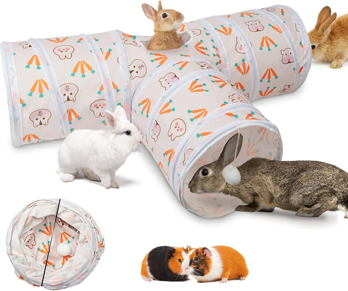 Bunny Tunnels & Tubes, 3-Way Collapsible Rabbit Hideout for Bunnies – Essentials for Small Pets - Carrot