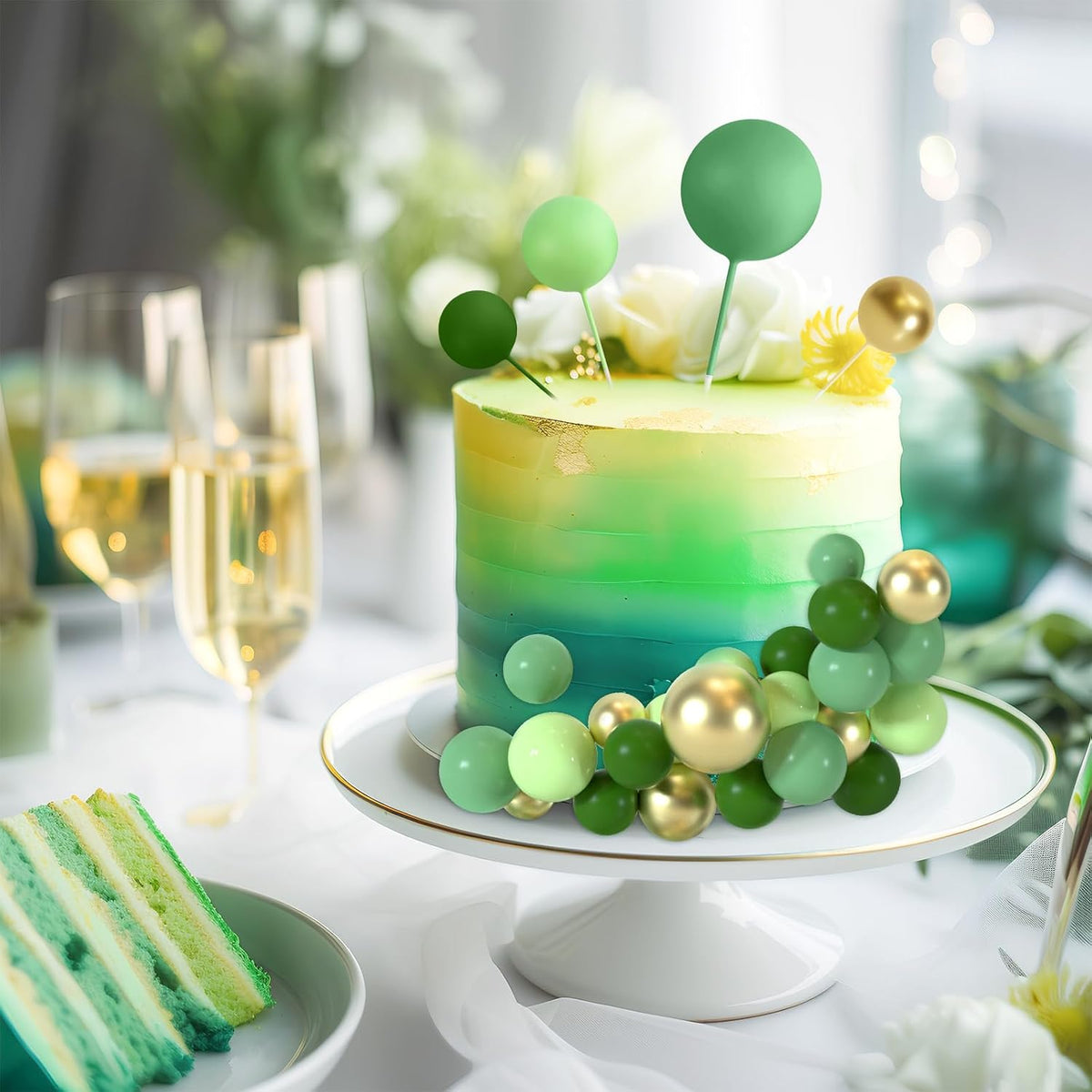 48 Pcs Balls Cake Topper Decorations Balloon Cupcake Toppers Foam - A07-green, Gold - image 3