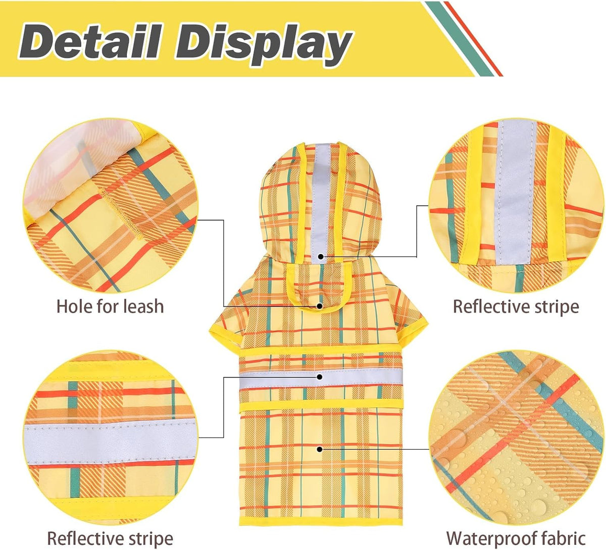 Dog Raincoat Hooded Slicker Poncho with Leash Hole - M:15-20lbs / Plaid Yellow - image 2