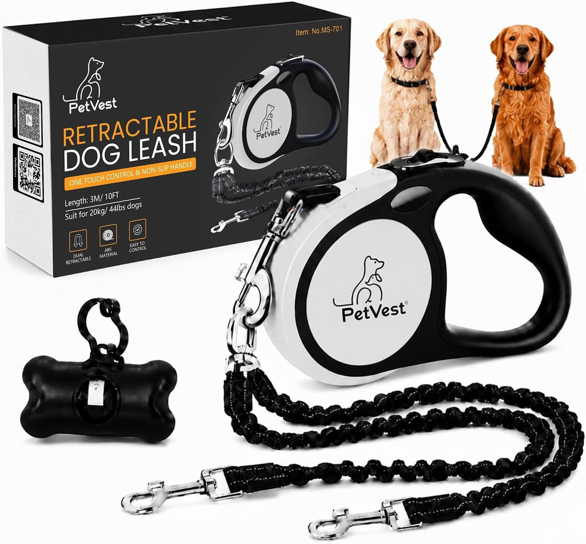 Dual Retractable Dog Leash, Detachable for Single Use - 10 FT