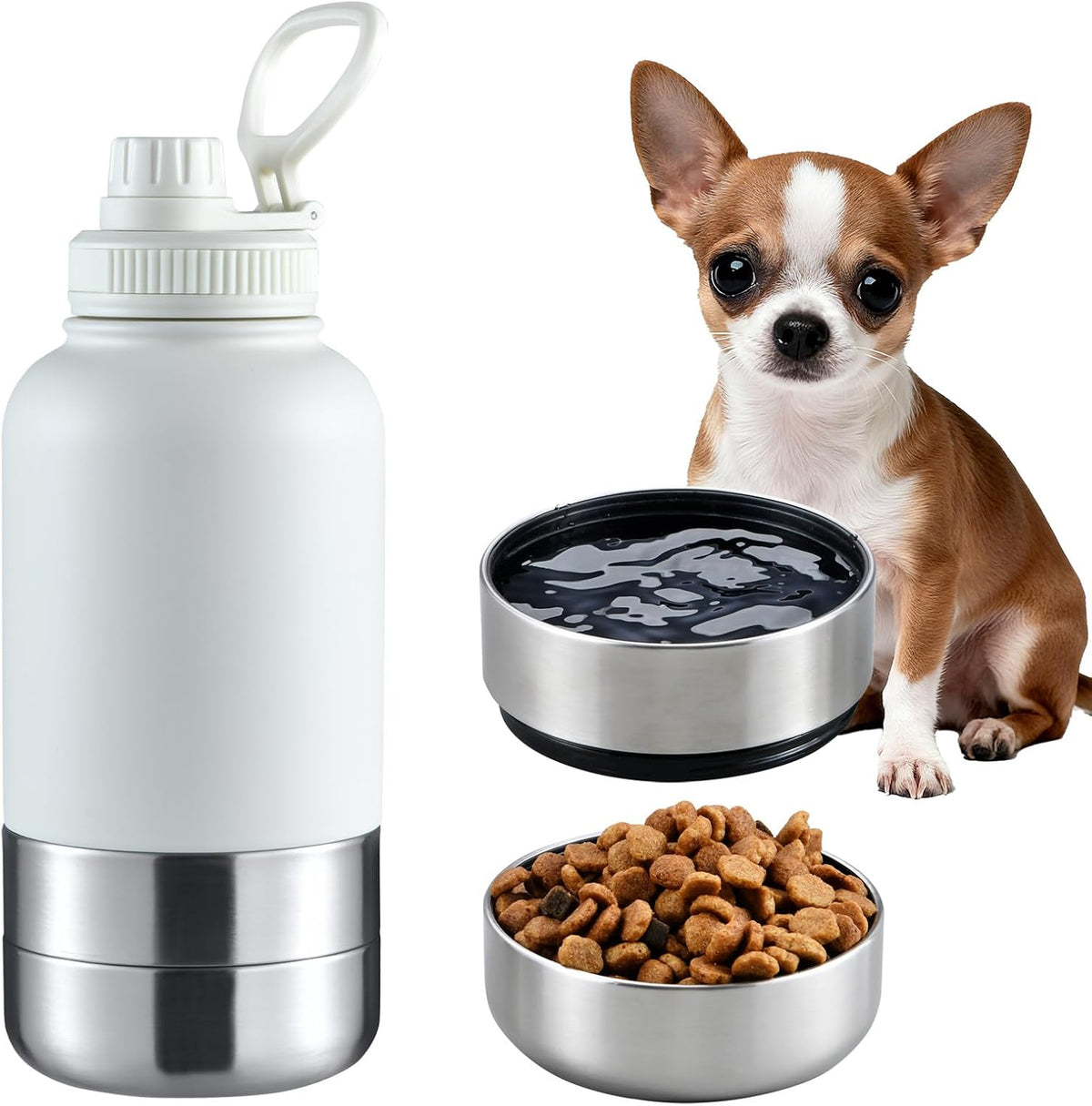 Insulated Dog Water Bottle 32oz Keep Water Cool with 2 Bowls – Essentials for Dogs - Off-White