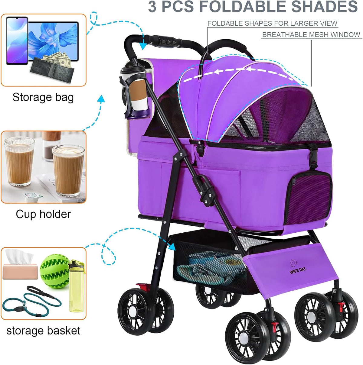 3 in 1 Pet Dog Stroller for Small Medium Dogs 10-50 lbs - Purple - image 4