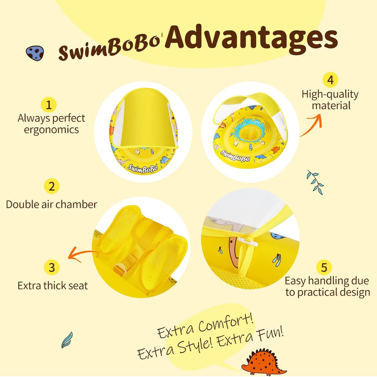 Swimbobo baby pool float with sun canopy and safety seat, Yellow Dinosaur design - view 12