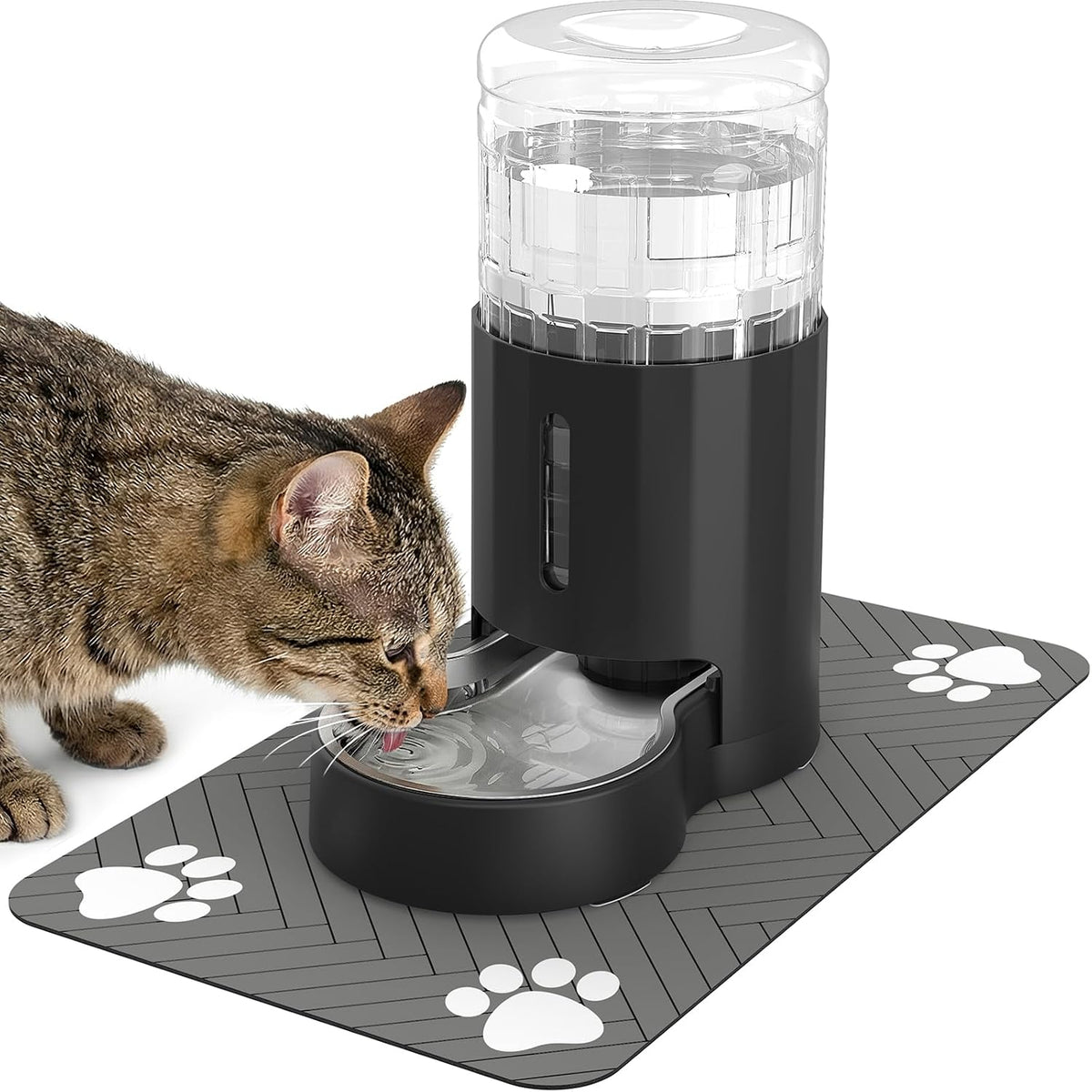 JUNSPOW Cat Water Dispenser and Stainless Steel Bowl – Essentials for Cats - Black / 4L + Mat