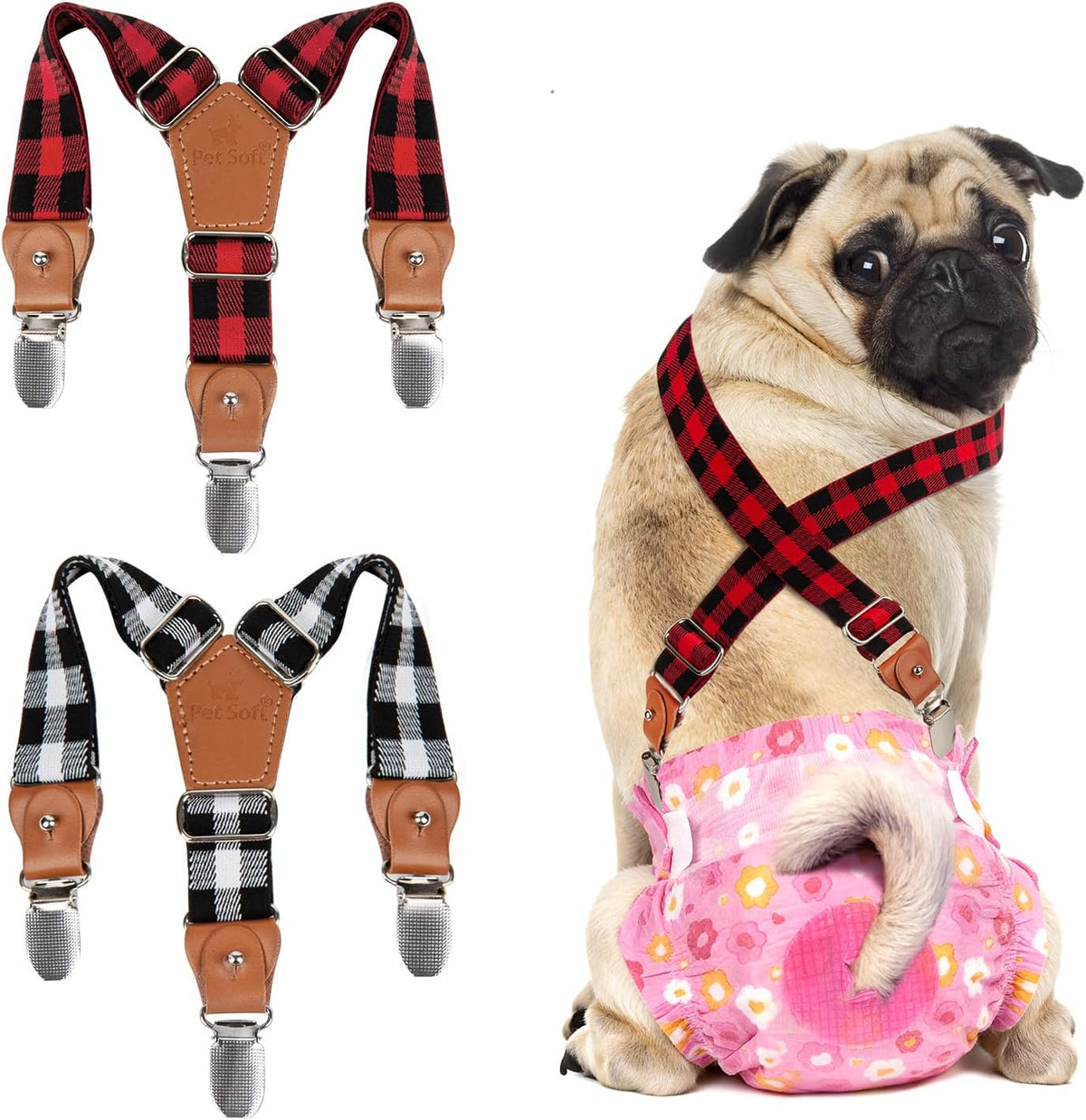 Pet Soft Dog Suspenders 2 Pieces Female Dog Diaper Suspenders - Plaid / X-Small/Small