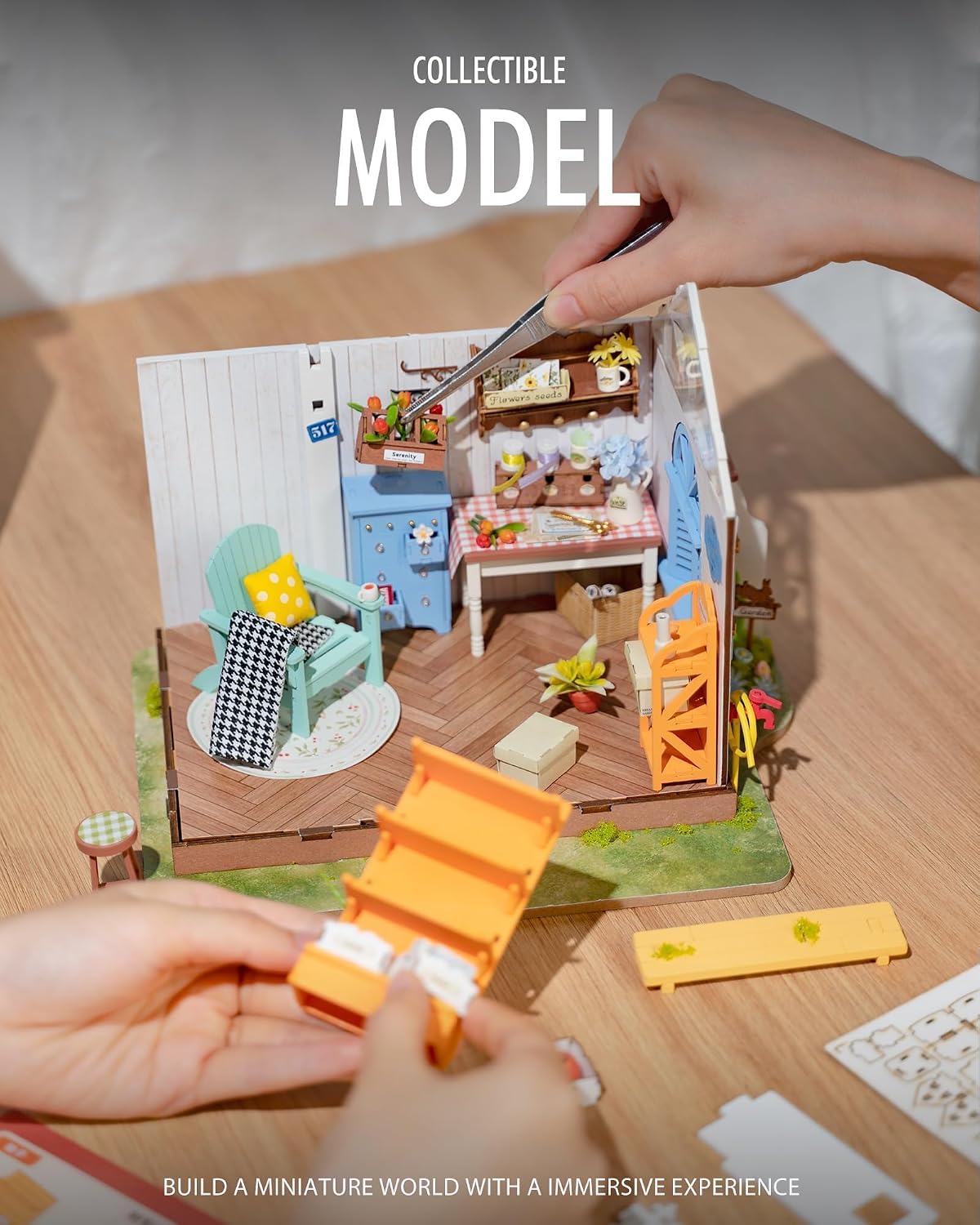 Rolife Greenhouse miniature house kit assembled with plants, wooden furniture and LED light - view 11