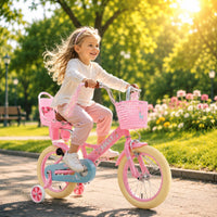 RULLY pink unicorn kids bike with training wheels, front basket, doll seat and streamers