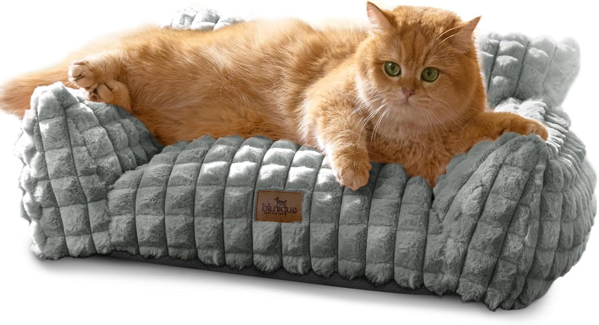 Cat Couch Bed with Fluffy Faux Rabbit Fur for Indoor Cats - Grey / Small: 24"L x 18"W x 10"Th