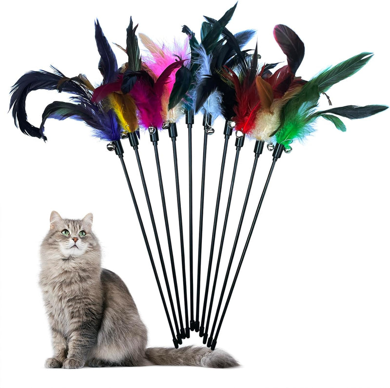 Cat Feather Wand Toys 10-Pack with Bell Indoor Kittens – Essentials for Cats