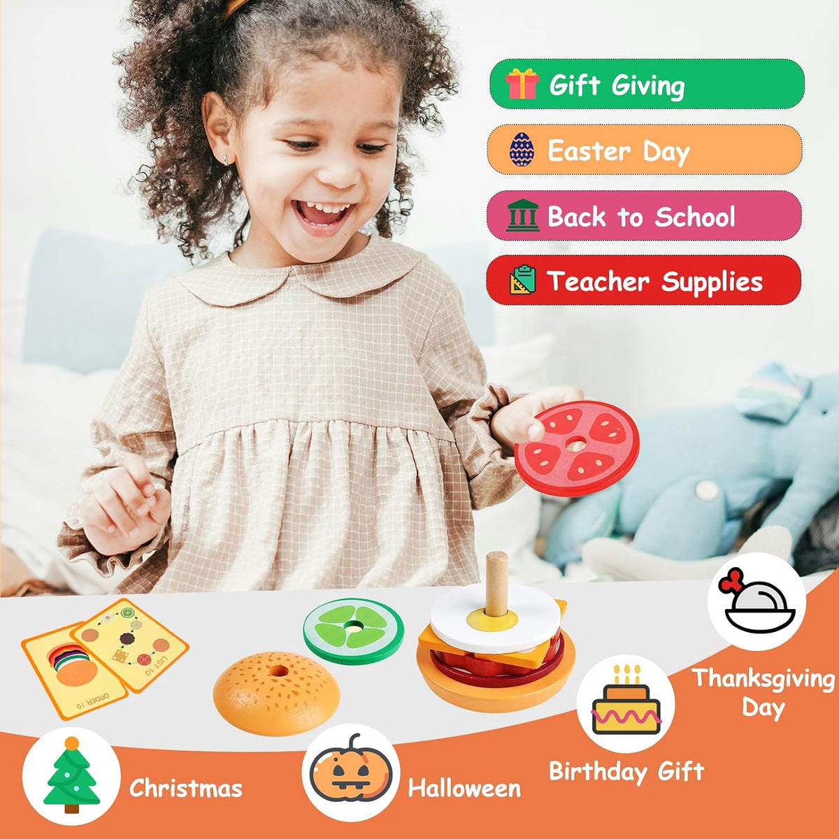 Pajojoqa wooden sandwich stacking toy with egg, cheese, bacon, lettuce, tomato and bun pieces - view 6