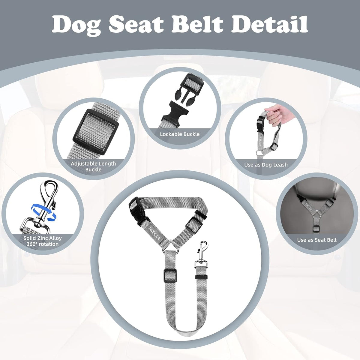 2 Pack Dog Seat Belt for Car, Headrest Restraint Safety Leads – Essentials for Dogs - Grey / Not elastic - image 3