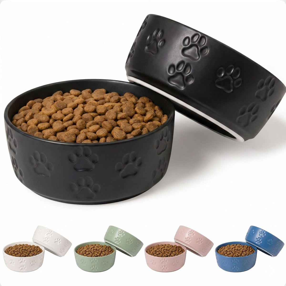 Ceramic Dog Bowl Set of 2 with Anti-Skid Base, 5.5"W x 2"H - Small / Black
