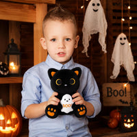 MUFEIRUO Halloween black cat plush holding pumpkin bag, wearing orange witch hat - view 14