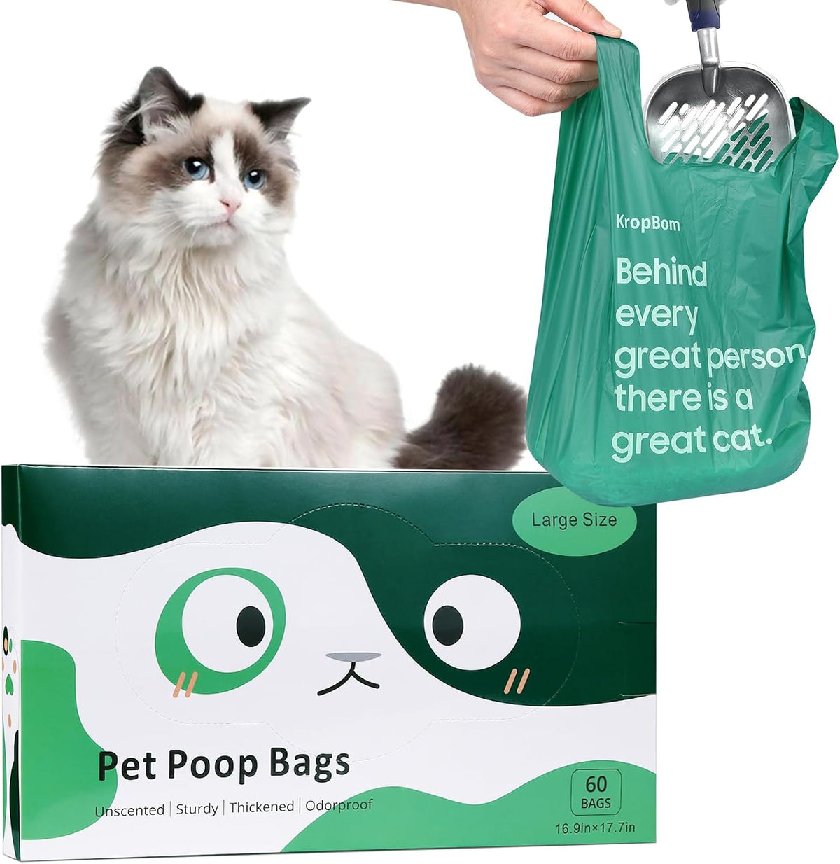 125 Count Cat Poop Bags with Handles - Unscented / 60 Count / Large-17.7"x11.8"