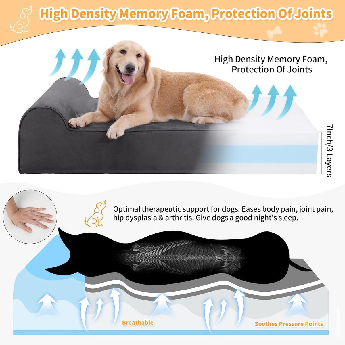 Orthopedic Dog Beds for Large Dogs - 60.0"L x 48.0"W x 7.0"TH / Premium Version-Grey - image 2