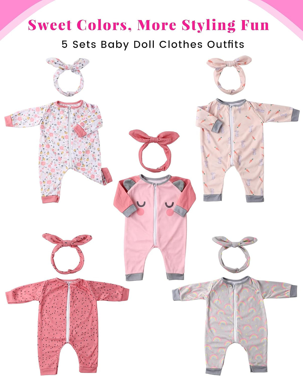 BABESIDE 5 Sets of Reborn Baby Doll Clothes, Headbands for 17 - Pink - image 2