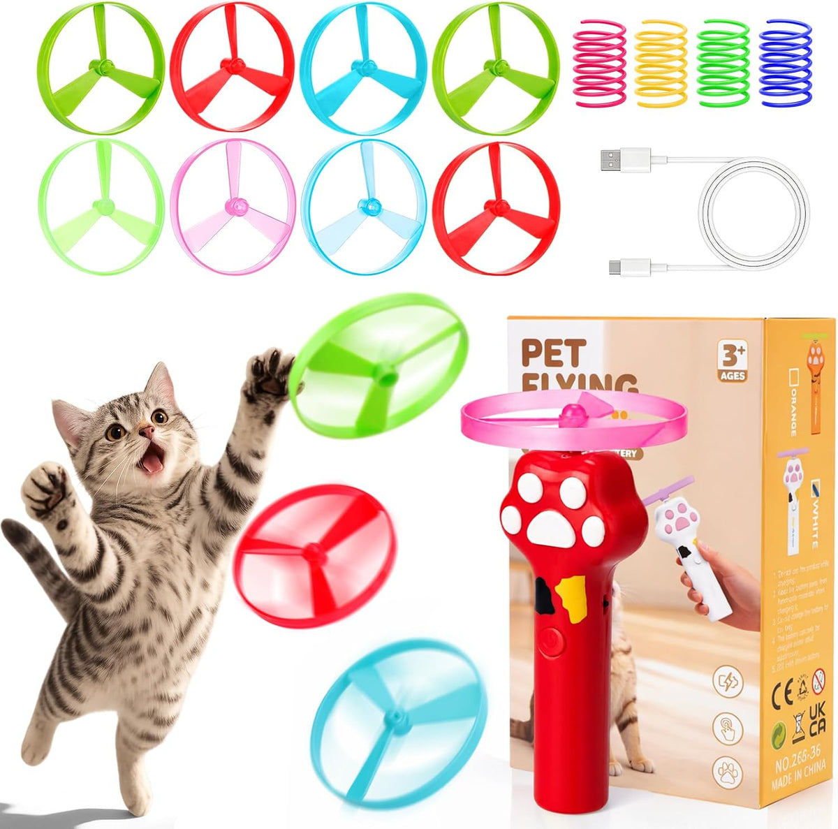 Cat Toy Disc Launcher, Rechargeable Interactive Cat Fetch Toy Launcher with 8 Flying Discs, Flying - Red