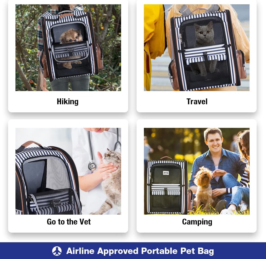 Cat Carrier Backpack, Expandable Pet Carrier with Sun Shade & Full Front Opening, Breathable Mesh - Striped / XL-Mesh Window - image 3