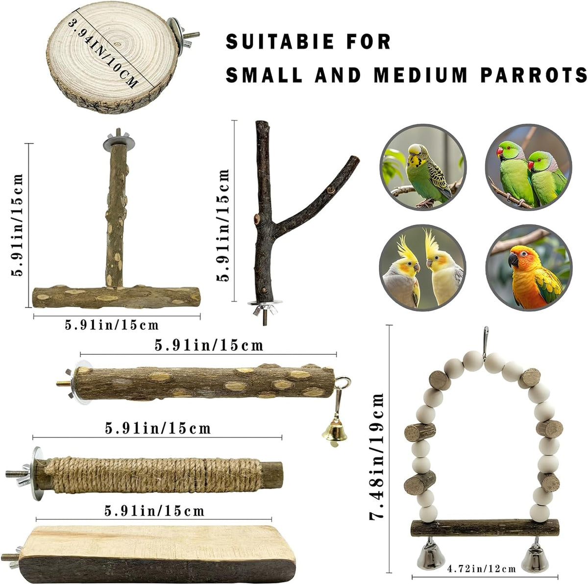 5Pcs Natural Wooden Bird Perch Set, Parrot Perch Toys - Brown / 7PCS - image 2