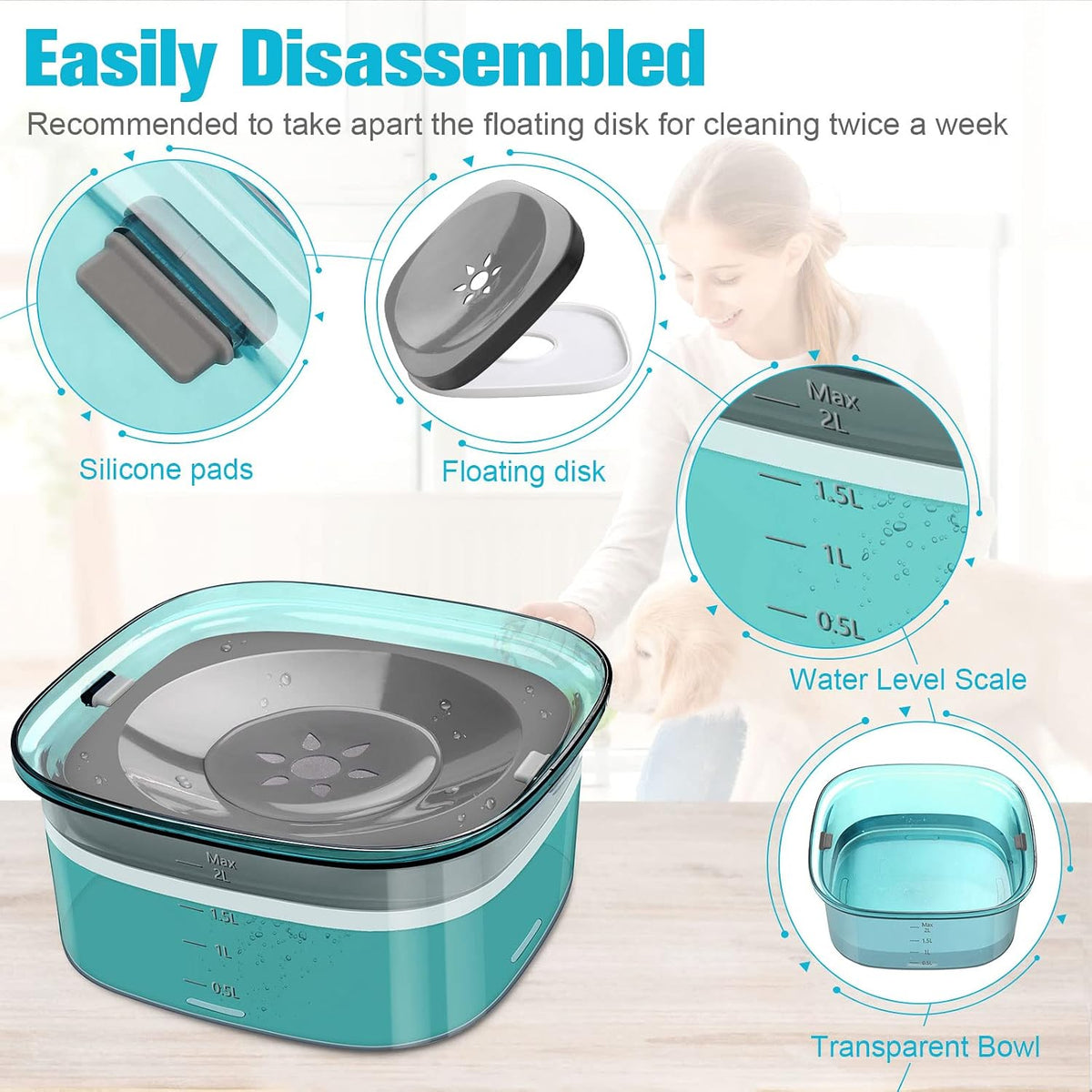 UPSKY 4L Dog Water Bowl No Spill Large Capacity Slow Drinking Water - 2 L / E-Green - image 3
