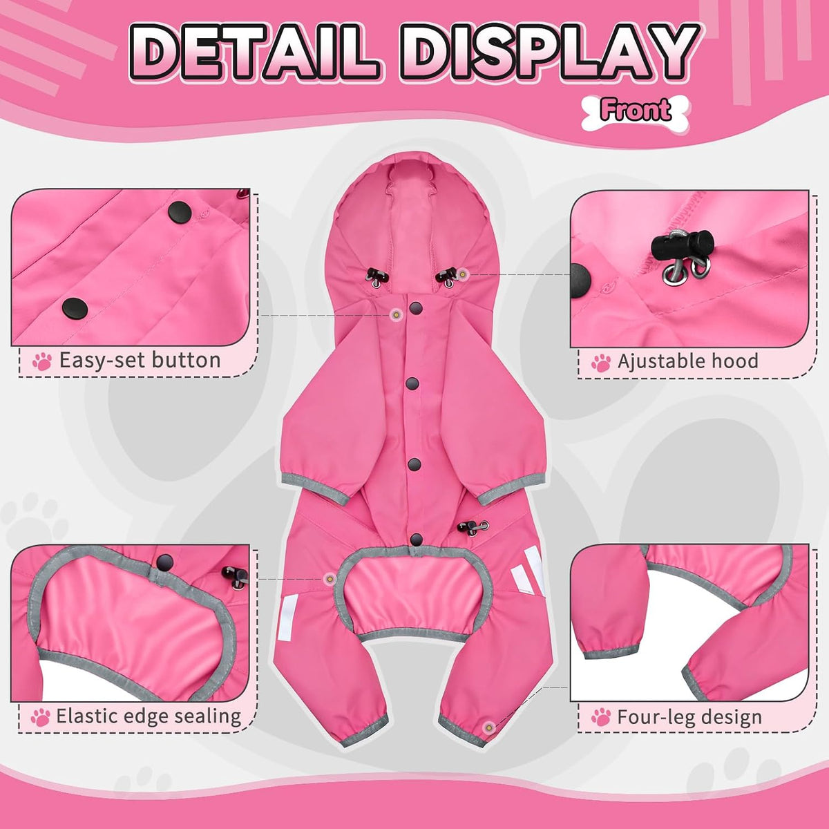 Dog Raincoat, Waterproof Dog Rain Jacket with Hood - L(Back Length15'') / Pink - image 3