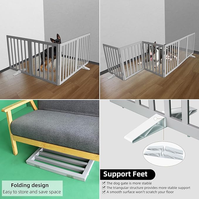 ZJSF Freestanding Indoor Dog Gate for House Foldable Wood Puppy Gate for Doorways Pet Gate for Stairs Extra Wide Pet Fence, Grey, 32" Height 4 Panels