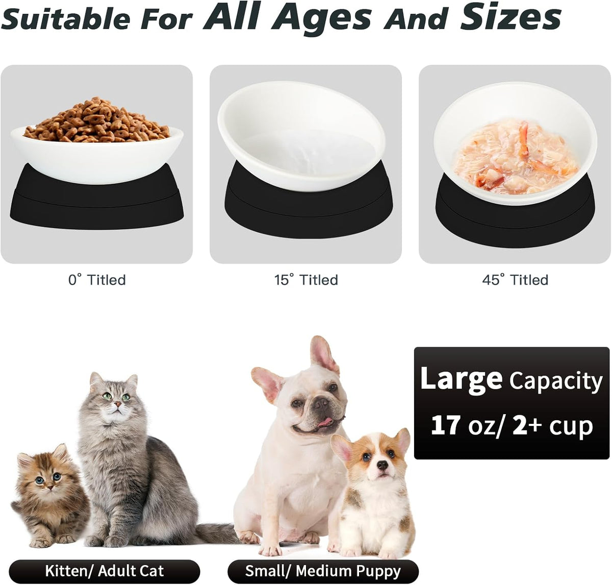 17 oz Raised Cat Food Bowls, Adjustable-Angle Pet Bowls - Milky White, Black - image 3