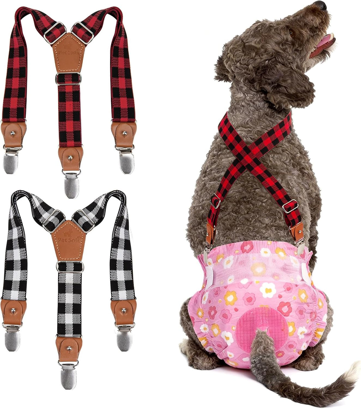 Pet Soft Dog Suspenders 2 Pieces Female Dog Diaper Suspenders - Plaid / Small/Medium