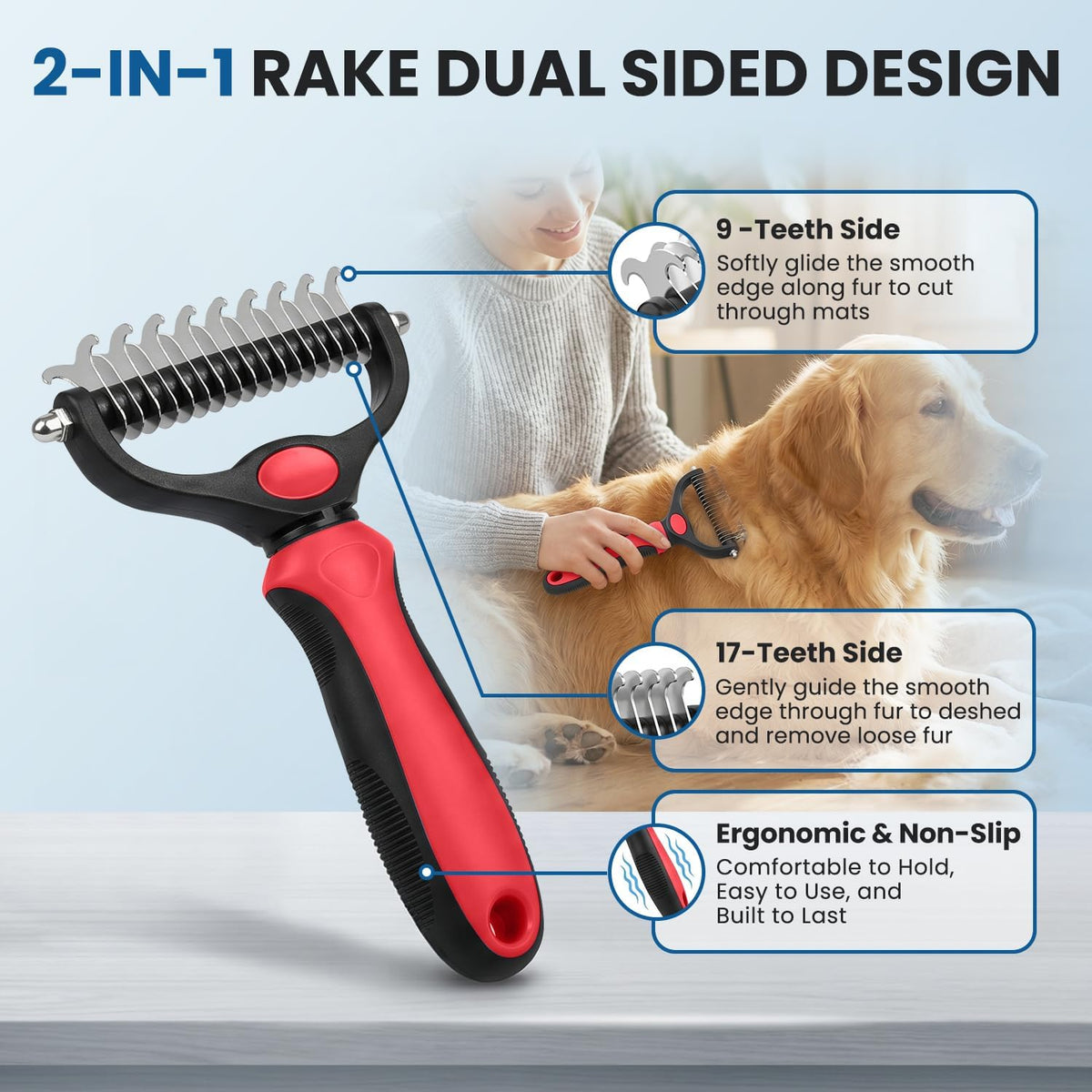 Dog Grooming Rake 4-in-1 Kit, Deshedding Undercoat Rake - Red - image 2