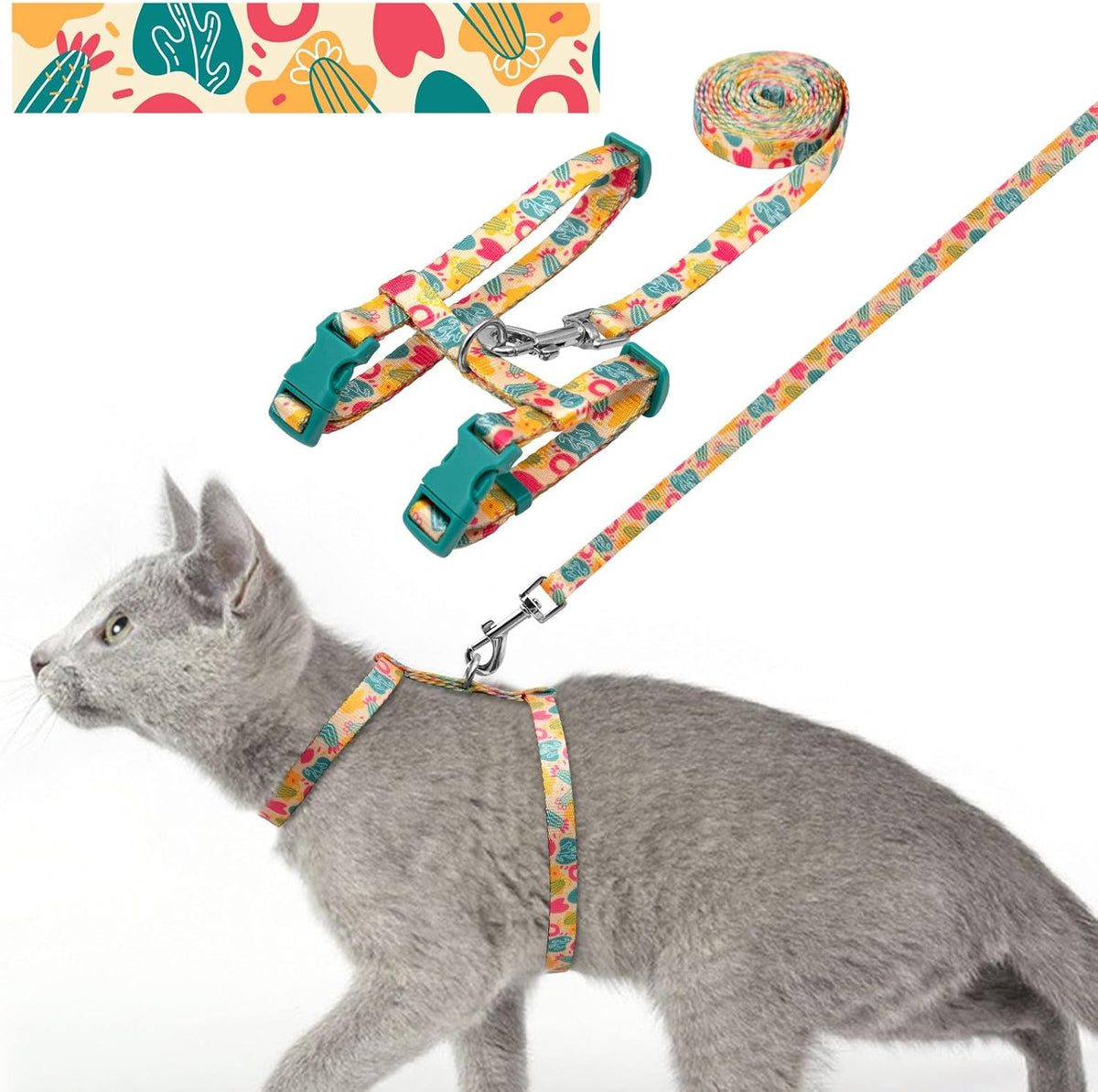 Cat Harness and Leash Set, Escape Proof for Safe Walking - Neck Girth: 7"-10", Chest Girth: 10"-17" / 8#Yellow Cactus