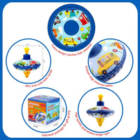 beeqoo retro tin spinning top with colorful vehicle pattern on a plastic stand - view 4