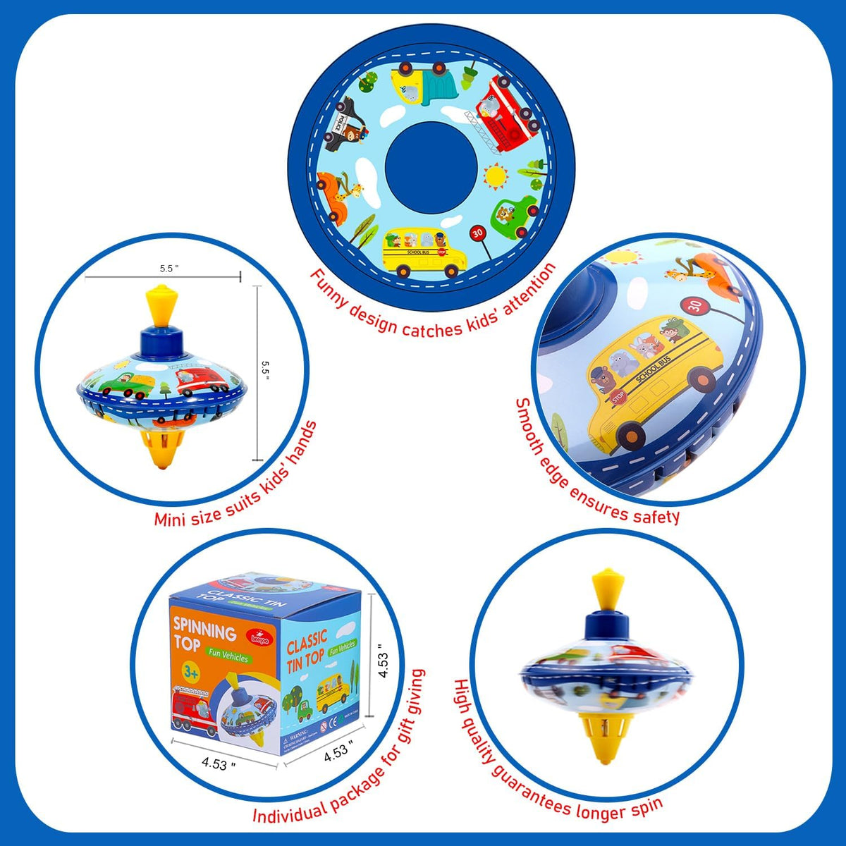 beeqoo retro tin spinning top with colorful vehicle pattern on a plastic stand - view 4